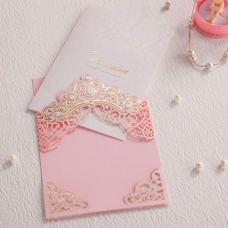 Hosmsua 50PCS Blank Pink Quinceanera Invitations Kit 5x7.3 Inch Laser Cut Floral Gold Crown Pocket Quinceanera Invitation Cards with Envelopes for Birthday Bridal Shower Invite - Image 2